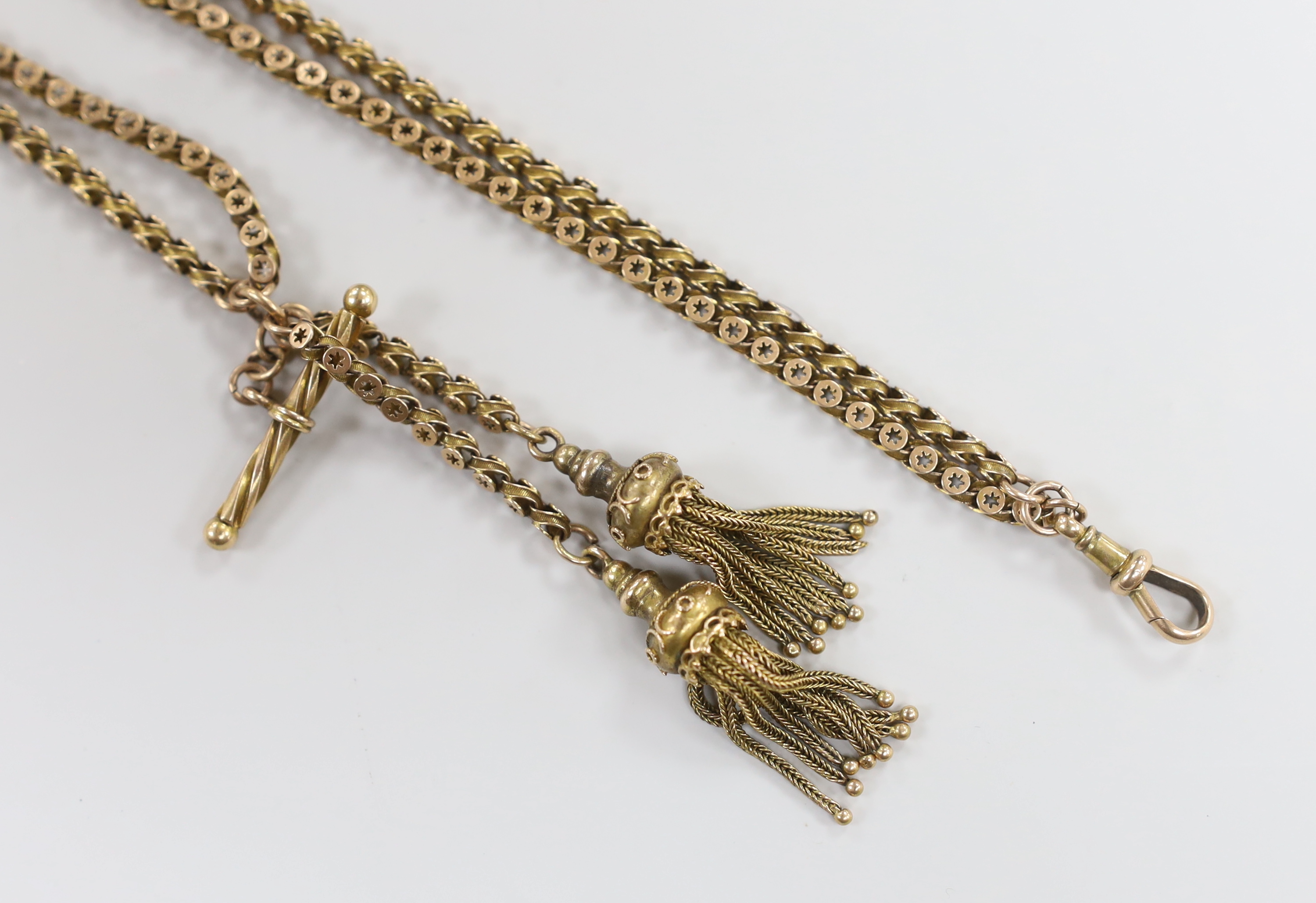 An Edwardian pierced 15c fancy link double strand albertina, with tassel drops, 38cm, 27.9 grams.